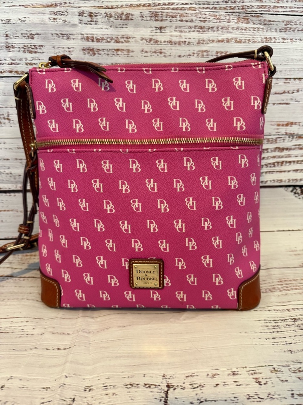 Dooney & Bourke Hot Pink DB Logo Crossbody with Brown Trim